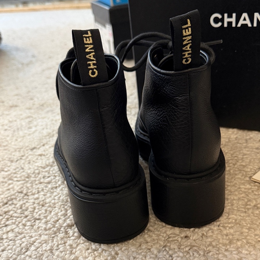 CHANEL Black Leather Lace-Up Platform Boots with Logo Cap - Picture 3 of 14